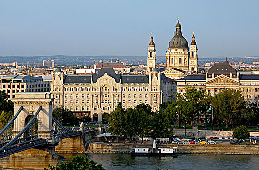 匈牙利,布达佩斯,链索桥,上方,多瑙河,酒店,大教堂