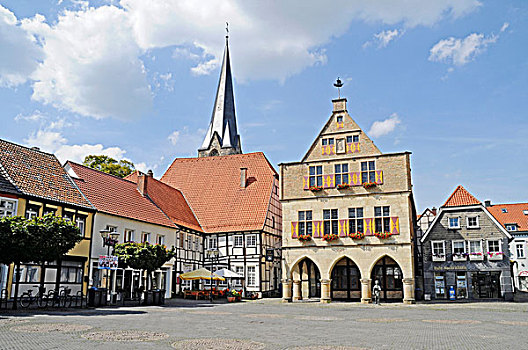 市政厅,市场,教堂,历史,老,城镇,半木结构,建筑,韦尔纳,地区,北莱茵威斯特伐利亚,德国,欧洲