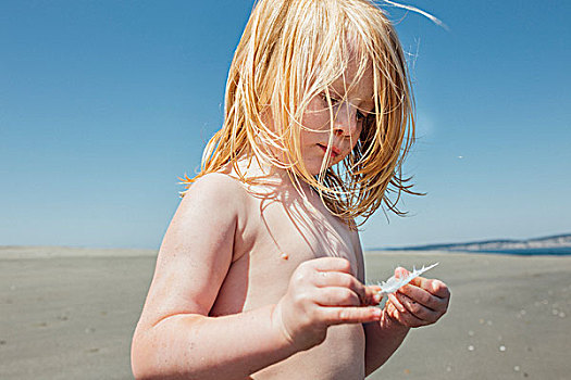 小女孩,金发,检查,白人,羽毛,海滩