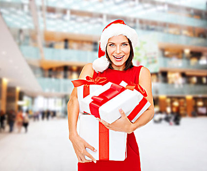 圣诞节,休假,庆贺,人,概念,微笑,女人,圣诞老人,帽子,红裙,礼盒,上方,购物中心,背景