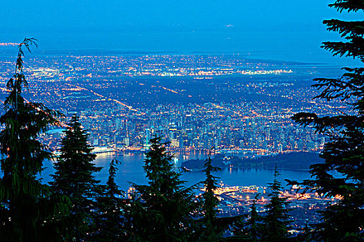 俯拍,城市,黄昏,松鸡,山,温哥华,不列颠哥伦比亚省,加拿大