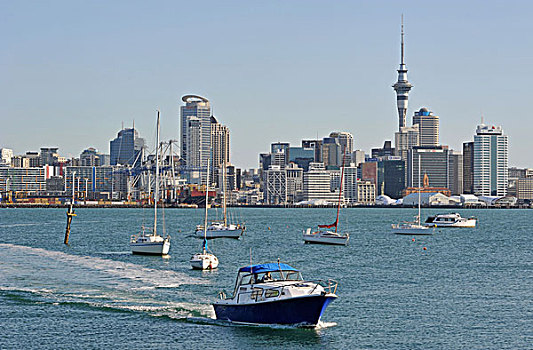 水,出租车,正面,奥克兰,天际线,湾,新西兰
