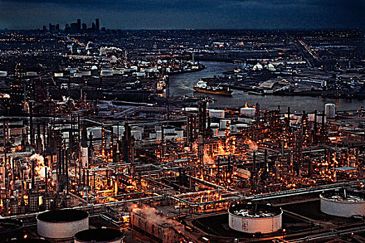 炼油厂,天际线,背景,夜晚,休斯顿,德克萨斯,美国