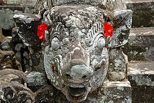 巴厘岛,印度教,石头,雕刻,头部,花,耳,庙宇,印度尼西亚,东南亚,亚洲