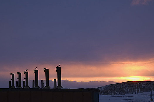 烟囱,日落,车站,岛屿,南极
