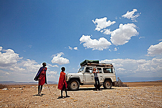 坦桑尼亚,马萨伊人,孩子,看,游客,上方,风景