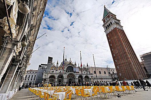椅子,桌子,广场,大教堂,钟楼,威尼斯,威尼托,意大利,欧洲