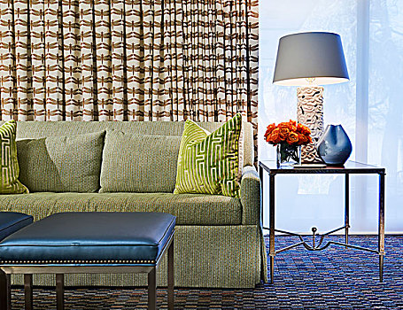 绿色,沙发,枕头,靠近,玻璃,茶几,特写