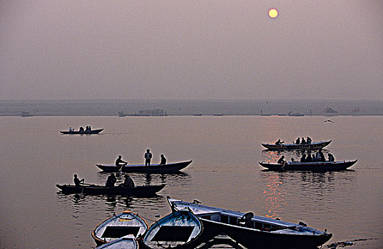 印度,瓦腊纳西,河船,拿,游人,恒河,早晨
