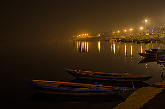 泊船,夜晚,恒河,瓦拉纳西,印度