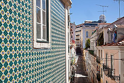 建筑外观,彩色,砖瓦,地区,里斯本,葡萄牙,欧洲