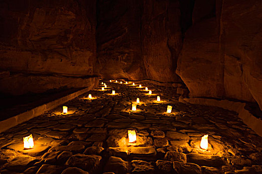 夜景,蜡烛,燃烧,佩特拉,约旦,世界遗产