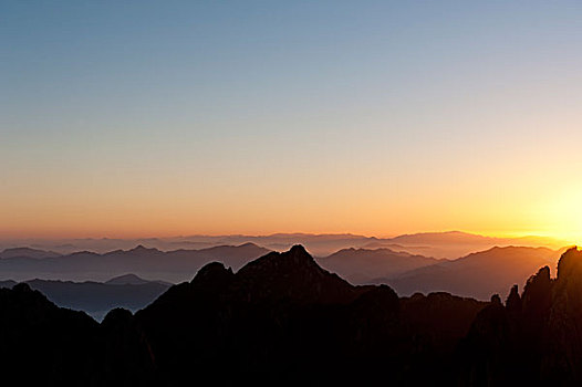 早晨,气氛,日出,石头,山,剪影,掸邦,黄山,安徽,中国