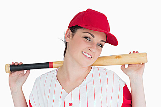 女人,拿着,棒球棒,肩扛,白色背景