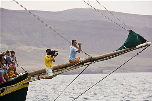 老,纵帆船,海岸线,正面,富埃特文图拉岛,加纳利群岛,西班牙