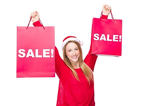 女人,圣诞节,帽子,拿着,向上,纸袋,展示,销售