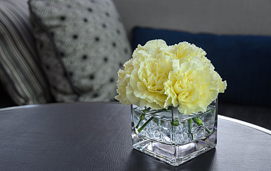 粉色,康乃馨,花,玻璃花瓶,桌上