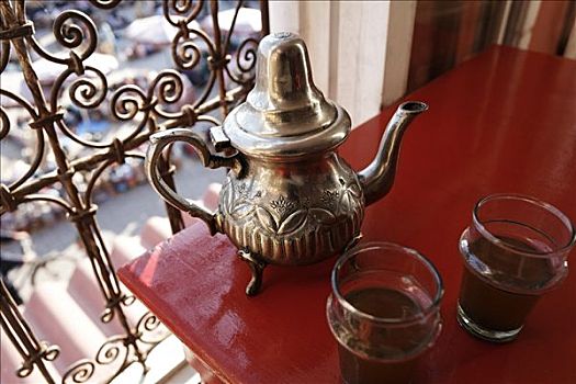 华丽,摩洛哥,茶壶,玻璃杯,红色,桌子,历史,马拉喀什,非洲
