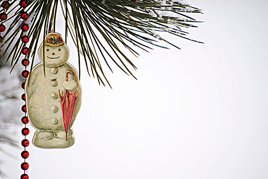 雪人,圣诞饰品,珠子,花环,悬挂,积雪,树枝