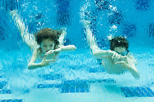 兄弟姐妹,游泳,水下,游泳池,手指