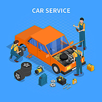 汽车,服务,工作,工人,修理,测试,不同,工具,矢量,插画