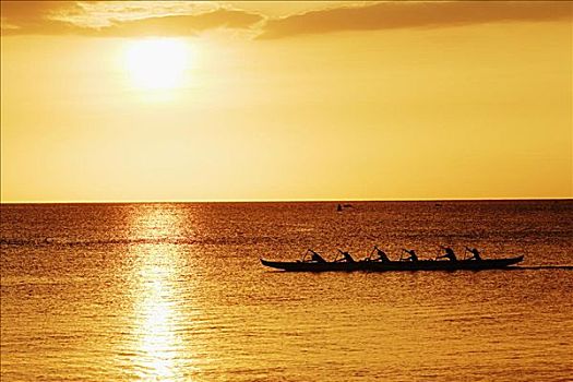 夏威夷,瓦胡岛,北岸,独木舟,剪影,鲜明,日落