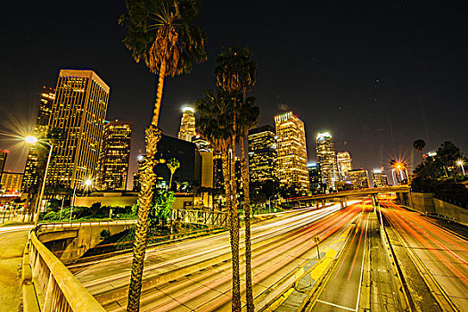 城市,天际线,公路,夜晚,洛杉矶,加利福尼亚,美国