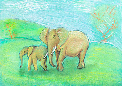 孩子,绘画,大象,婴儿,大草原