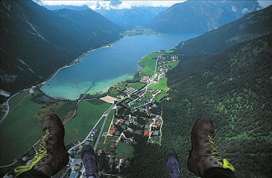 一前一后,滑伞运动,山,上方,阿亨湖地区,湖,提洛尔,鞋,奥地利,欧洲