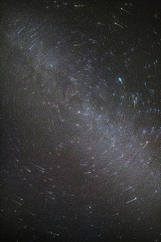 拍摄于新疆的星空星轨与银河相重叠而旋转