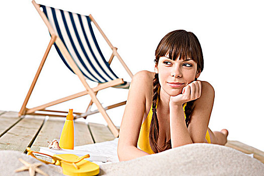 海滩,魅力,女人,比基尼,日光浴,折叠躺椅,背景