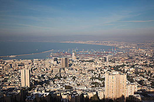 以色列,北海岸,海法,俯视图,市区,中心,黄昏
