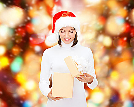 圣诞节,冬天,高兴,休假,人,概念,微笑,女人,圣诞老人,帽子,打开,礼盒,上方,红灯,背景