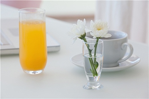 白花,花瓶,咖啡,橙汁,桌上