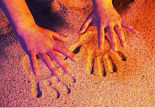 特写,手,手印,沙子