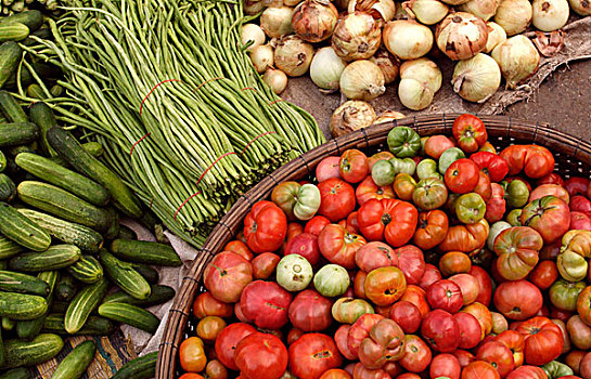 亚洲,柬埔寨,蔬菜,出售,早晨,市场