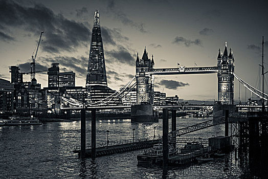 英格兰,伦敦,碎片,建筑,伦敦桥,泰晤士河,河,黃昏