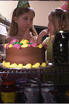 两个女孩,味道,生日蛋糕,电冰箱