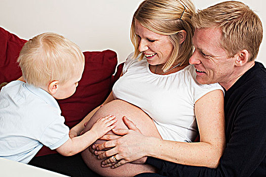 家庭,接触,怀孕,母亲,肚子,沙发