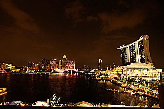 建筑,围绕,码头,湾,夜晚,新加坡