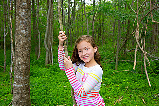 高兴,孩子,女孩,玩,树林,公园,丛林,藤蔓植物,微笑