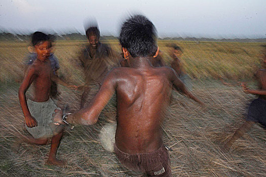 孩子,玩,足球,乡村,地点,收获,农作物,很多,留白,达卡,孟加拉,五月,2007年