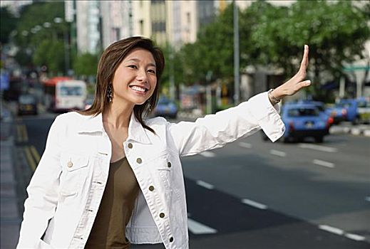 女人,站立,道路,出租车