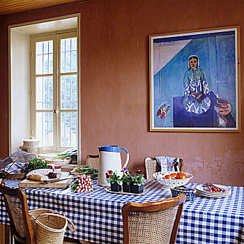 餐桌,格子布,桌布,正面,墙壁,涂绘,亮光,微暗,粉色