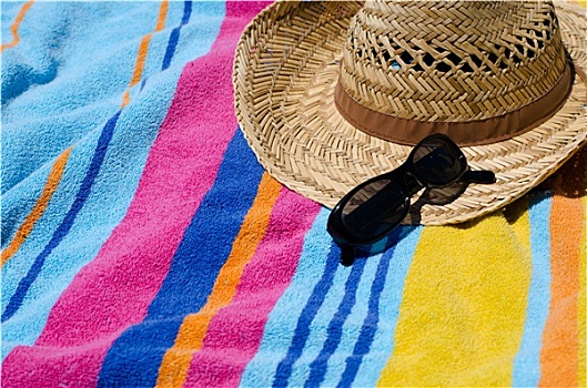 假日,概念,沙滩巾,遮阳帽,墨镜