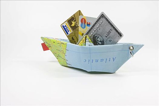 信用卡,纸,船,地图,象征,支付,旅行