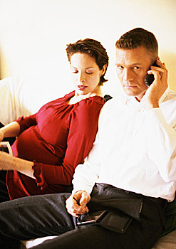 孕妇,坐,男人,手机