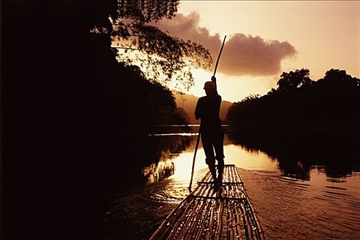后视图,一个,男人,引导,竹子,筏子