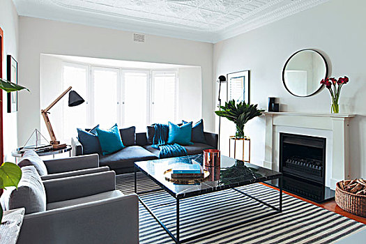优雅,茶几,条纹,地毯,扶手椅,沙发,多样,灰色,传统,客厅