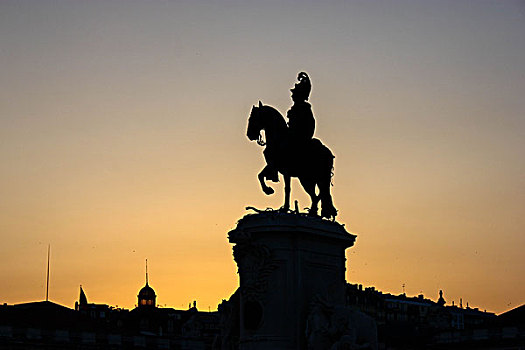 剪影,骑马雕像,日落,里斯本,葡萄牙,欧洲